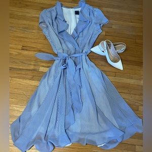 Gabby Skye blue striped dress with ruffle accents
